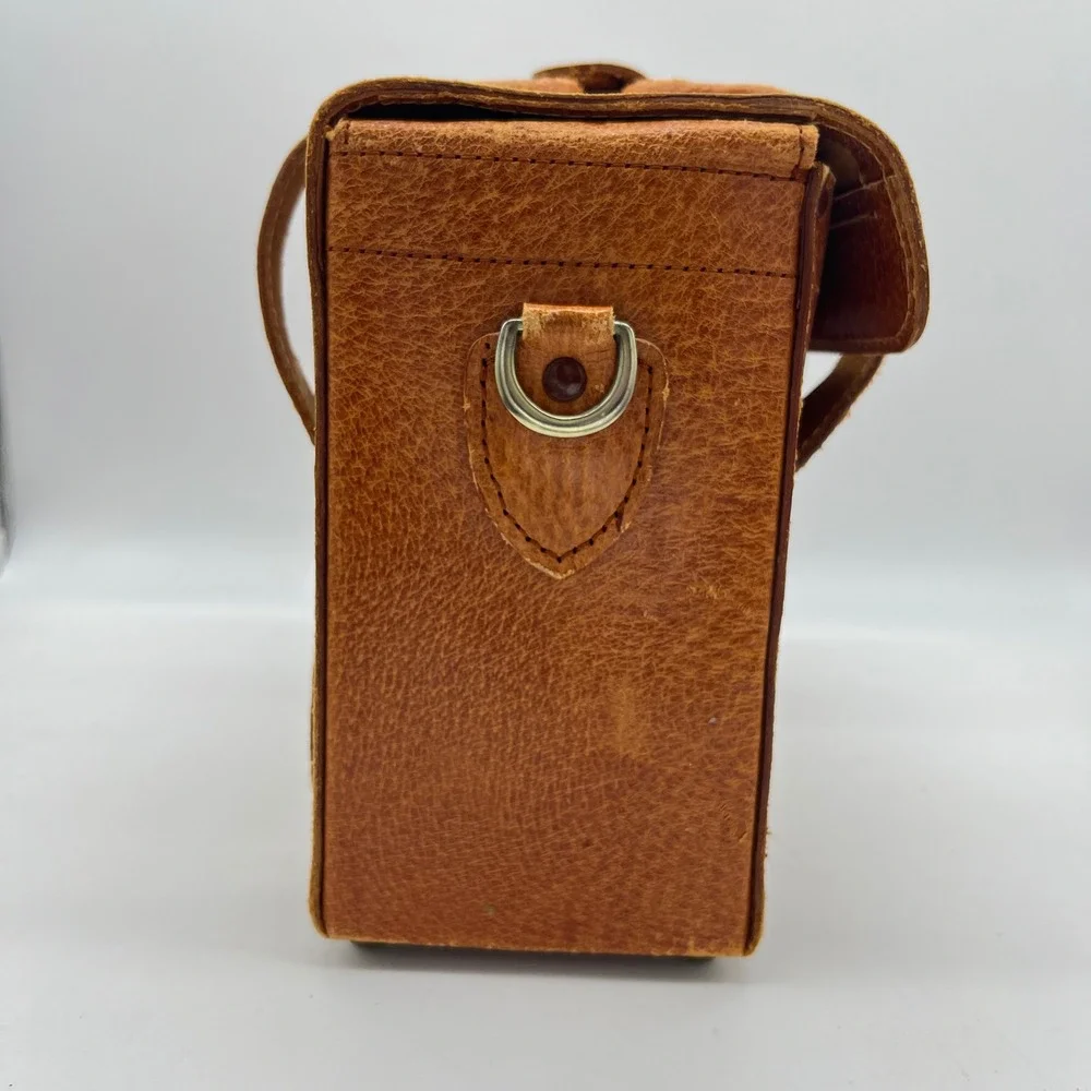 Vintage Camera Bag Brown Leather Train Luggage Small Travel Bag Gold Tone‎ Lock